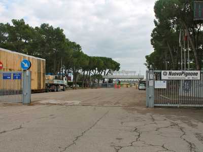 L'imponente ingresso della Nuovo Pignone con l'insegna bianca a caratteri cubitali fiancheggiata da una schiera di alberi 